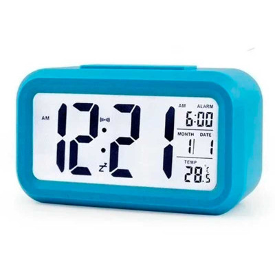 Clock with thermometer and blue alarm